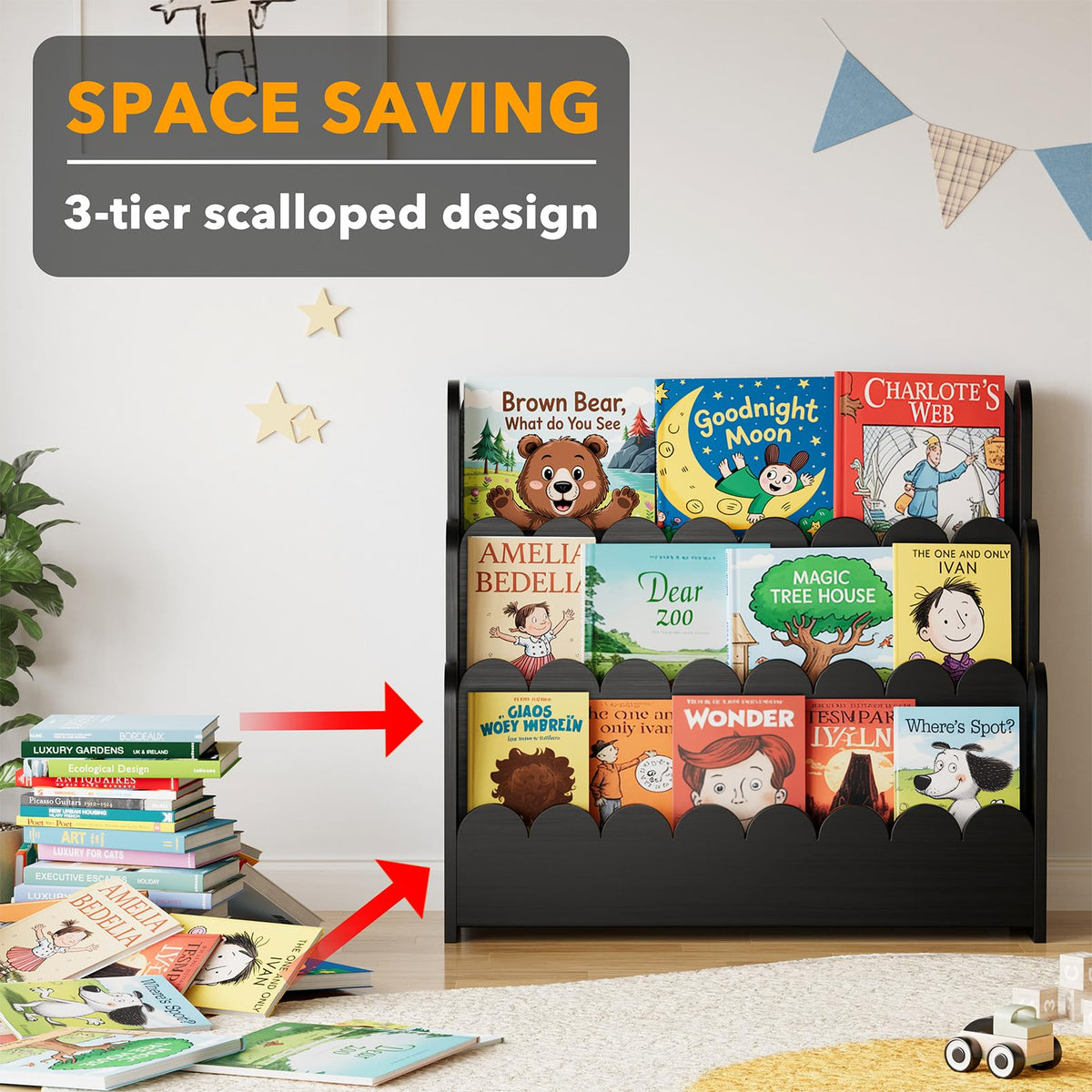 Black 3-Tier Scalloped Wooden Bookshelf K5783