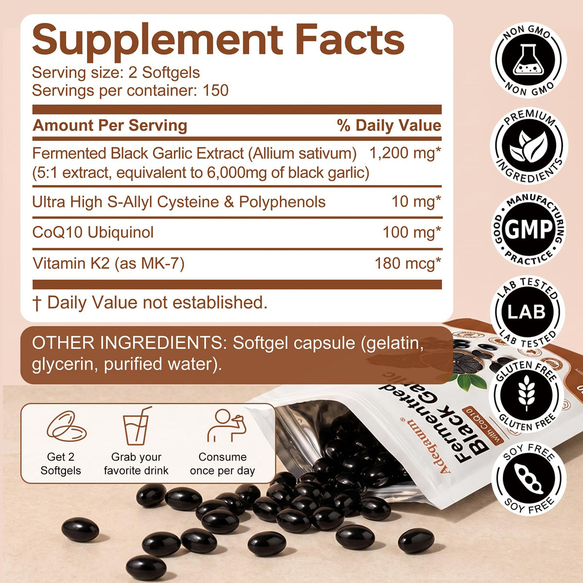 Black Aged Garlic Extract with CoQ10 Ubiquinol & Vitamin K2, 300 Softgels R7247