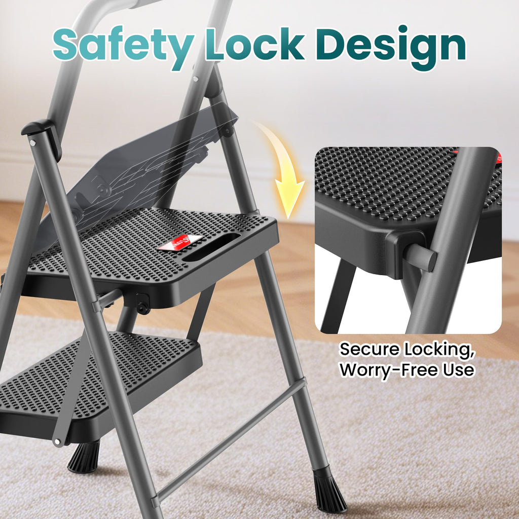 2 Step Folding Step Ladder 300 lbs Capacity with Handrail Gray X728073