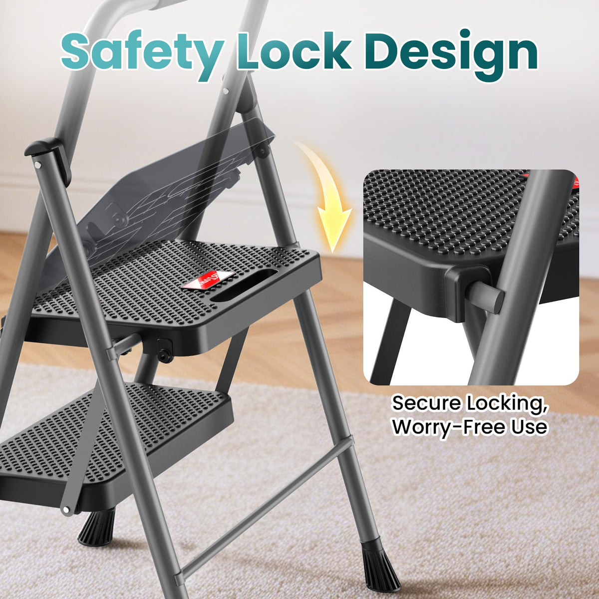 2 Step Folding Step Ladder 300 lbs Capacity with Handrail Gray X728073