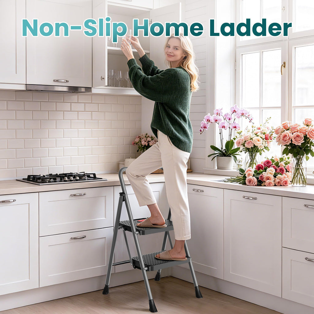 2 Step Folding Step Ladder 300 lbs Capacity with Handrail Gray X728073