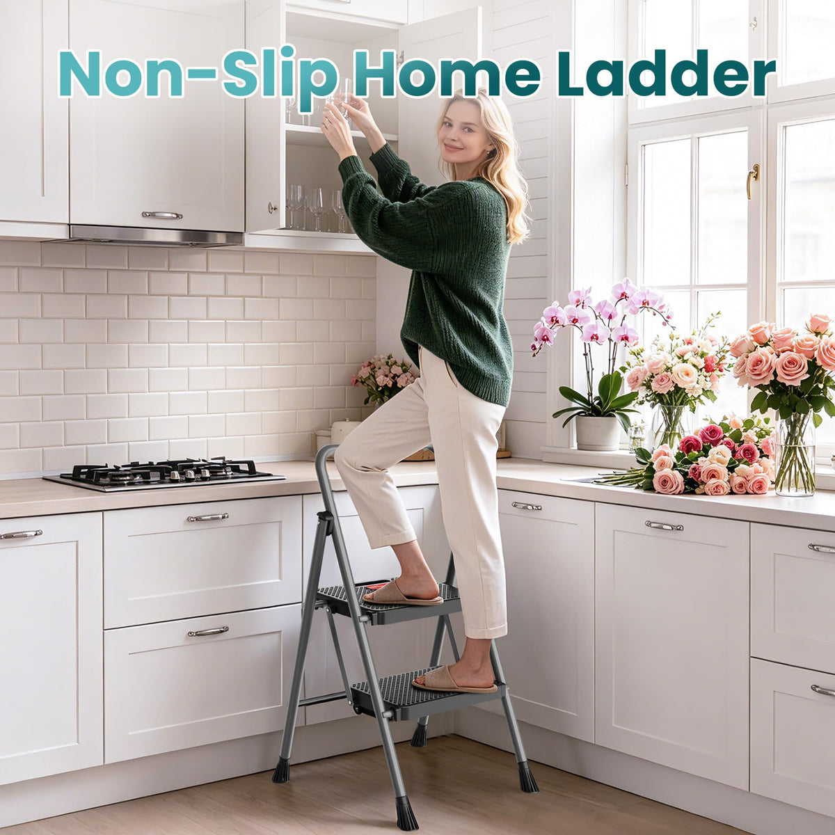 2 Step Folding Step Ladder 300 lbs Capacity with Handrail Gray X728073