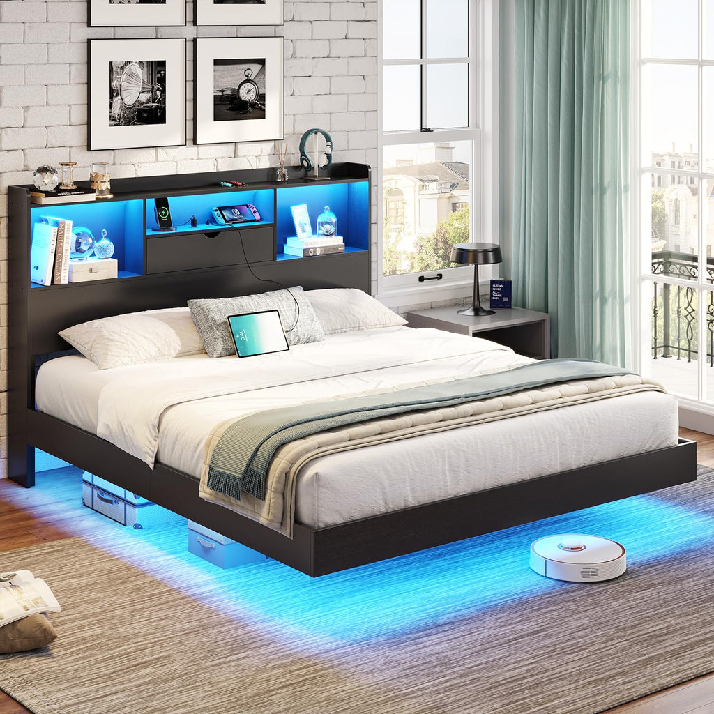 Queen Size Metal Platform Bed Frame with LED Lights and Storage Headboard R98991