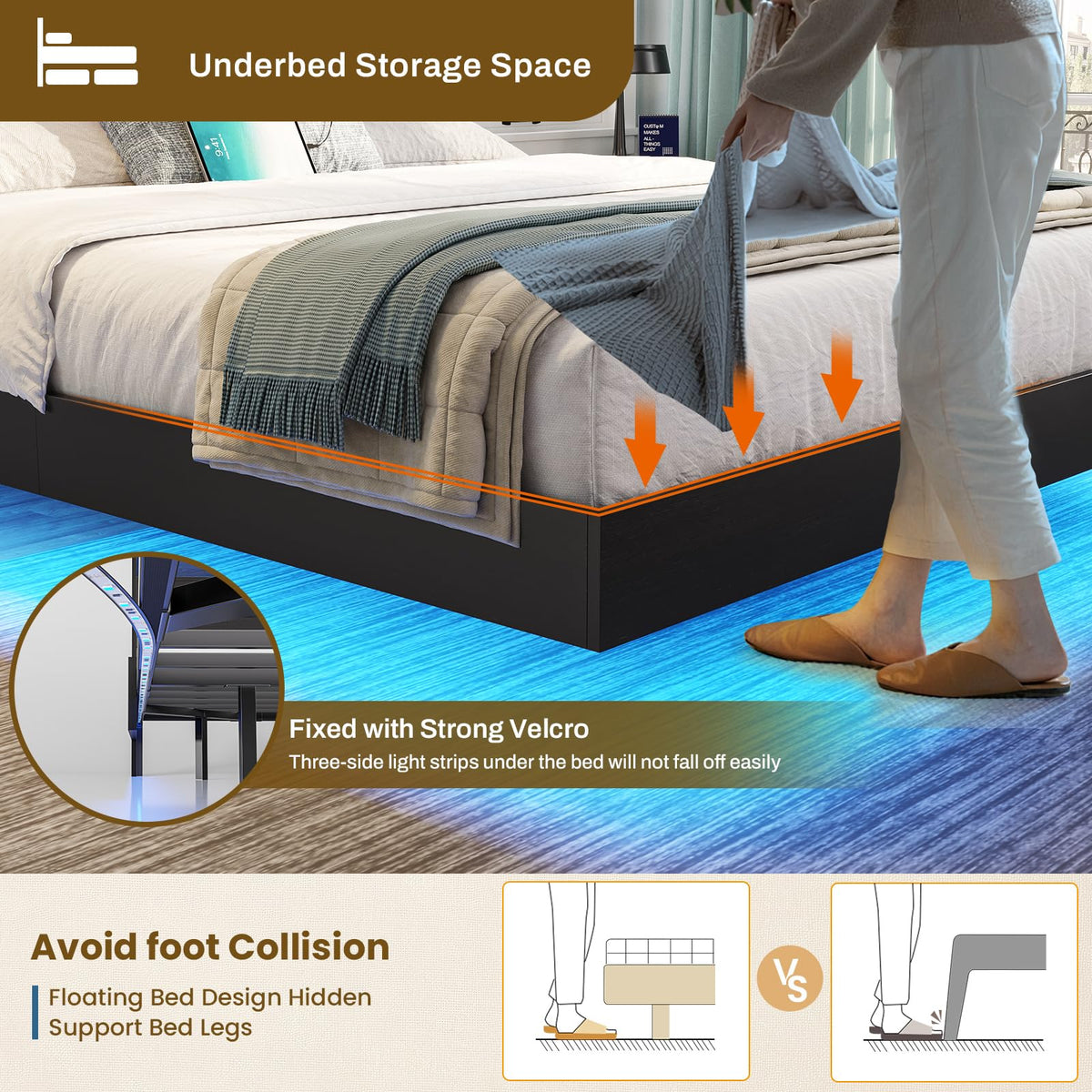Queen Size Metal Platform Bed Frame with LED Lights and Storage Headboard R98991