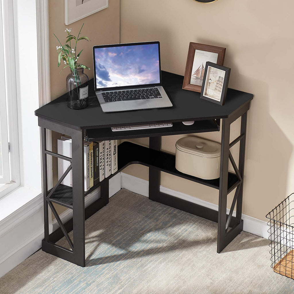 Black Corner Computer Desk with Keyboard Tray D9438
