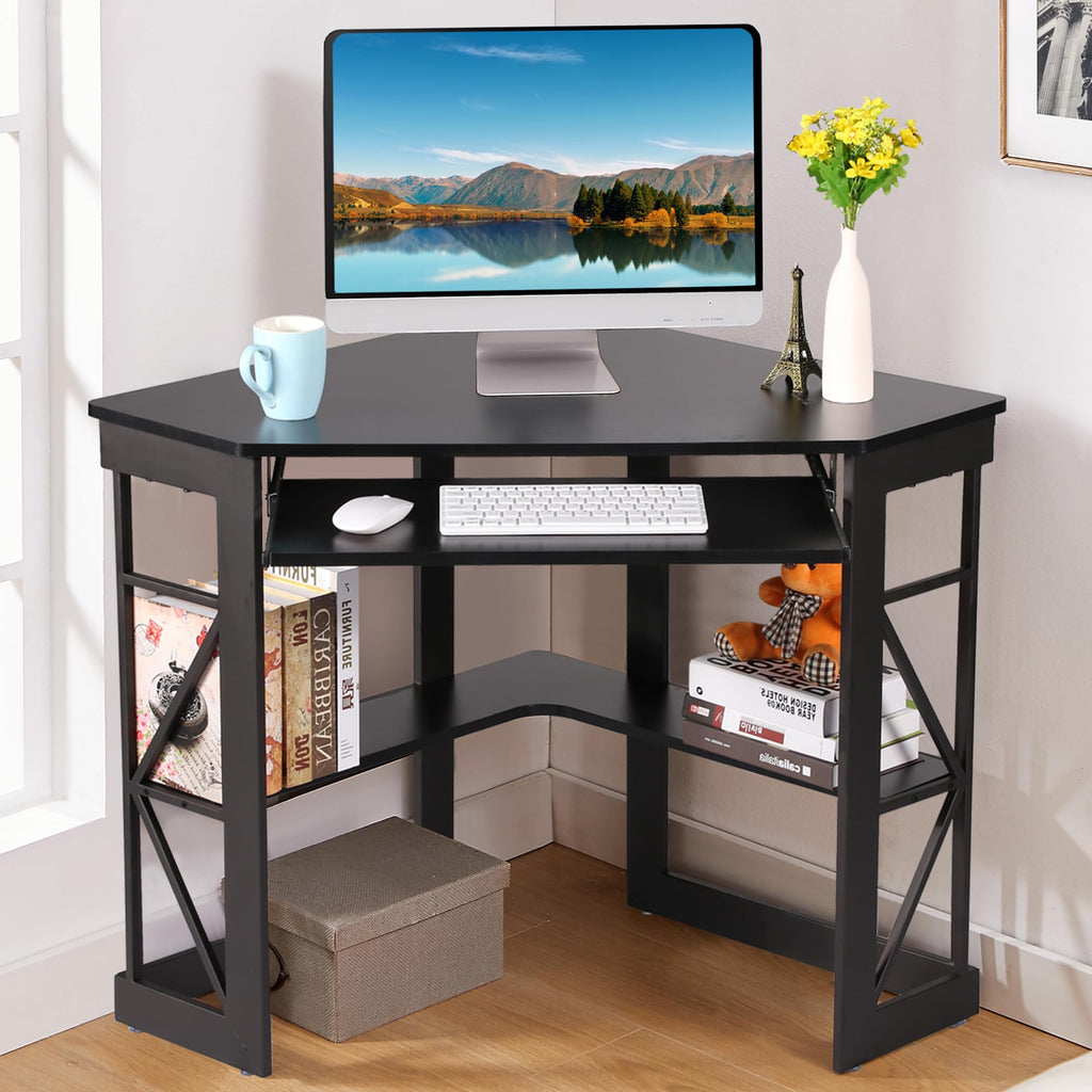 Black Corner Computer Desk with Keyboard Tray D9438