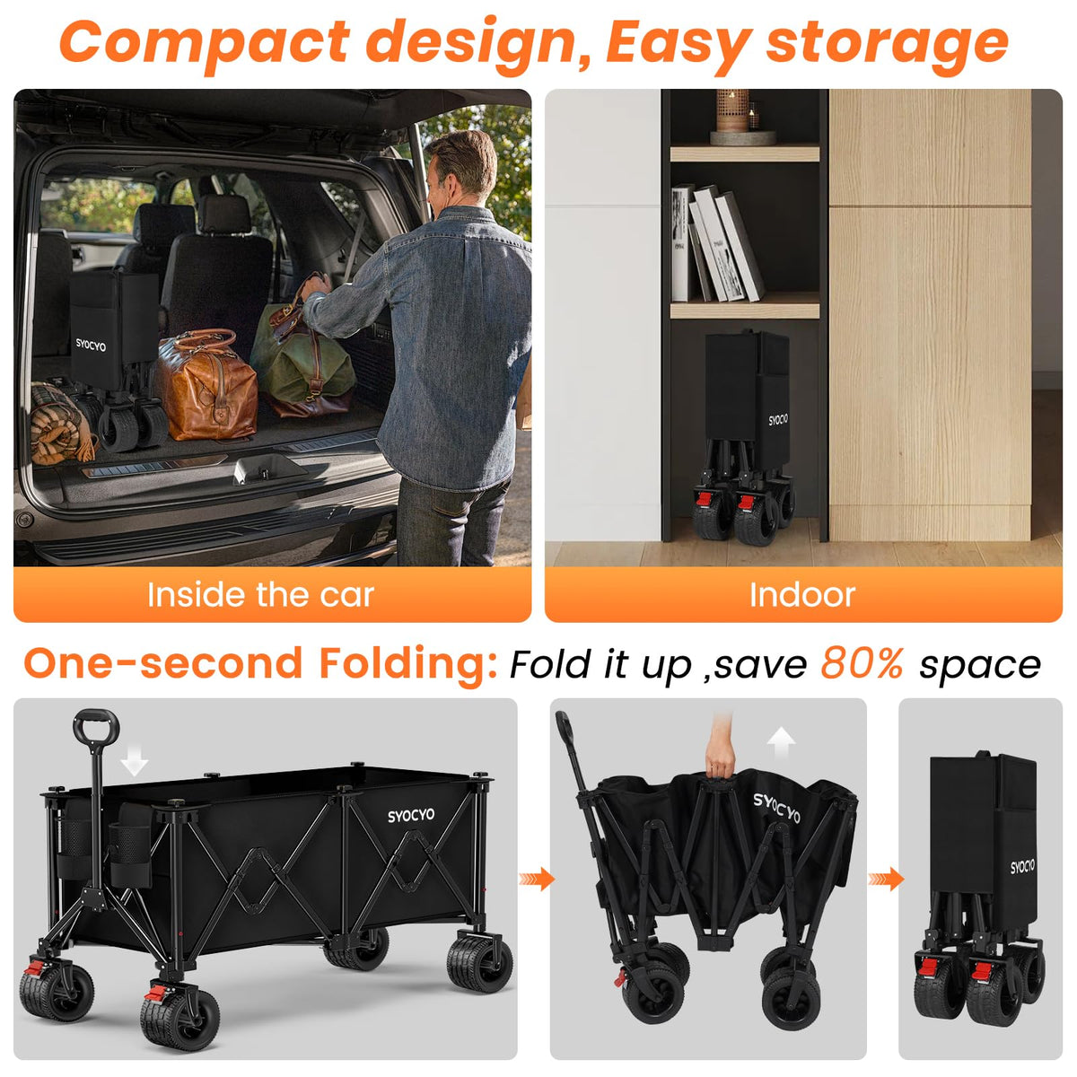 Foldable Collapsible Wagon with All-Terrain Wheels and Cup Holders, Black U203