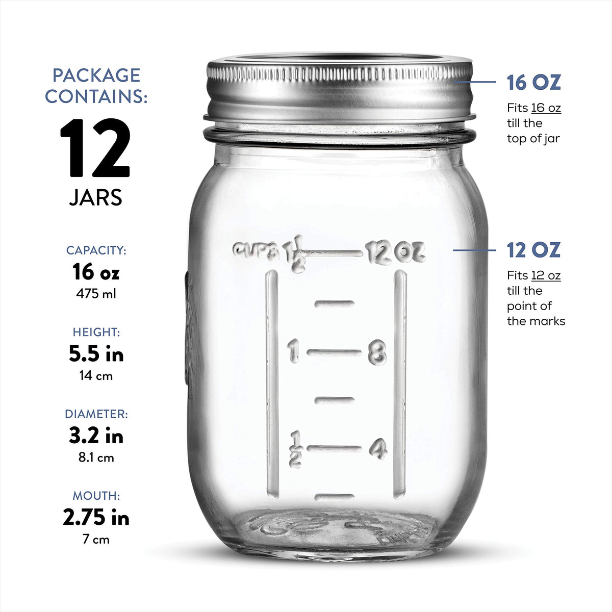 16 oz 12-Pack Regular Mouth Glass Jars with Lid & Seal Bands P769714