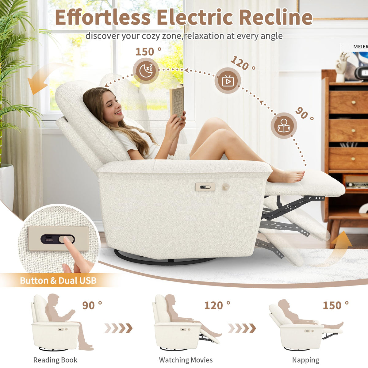 Power Swivel Rocker Recliner Chair with Phone Holder and USB Ports F113