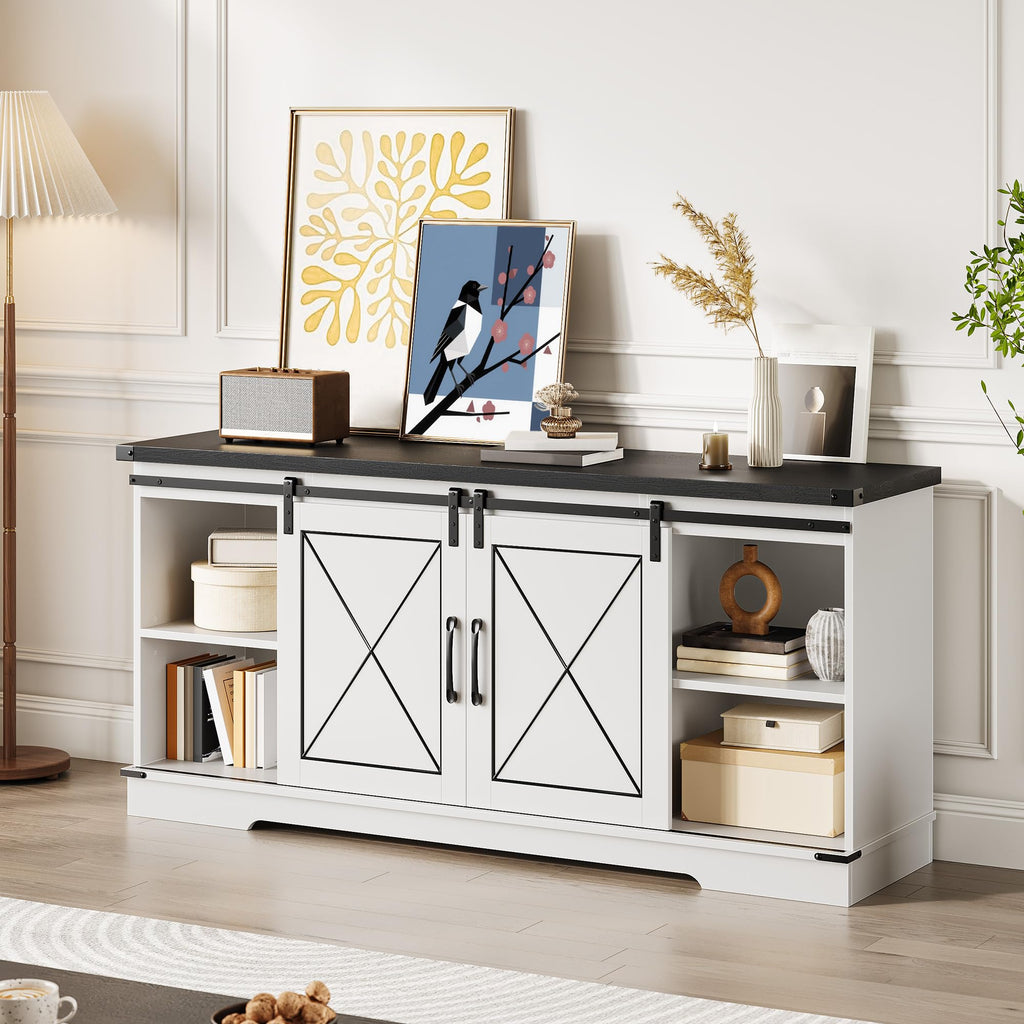 Farmhouse TV Stand with Sliding Barn Doors and Adjustable Shelves V3028