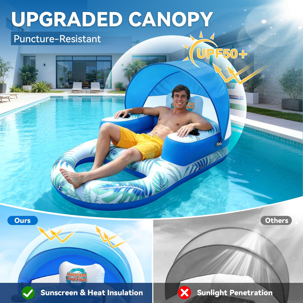 Rechargeable Motorized Pool Float Lounger with Canopy and Cup Holder L1208