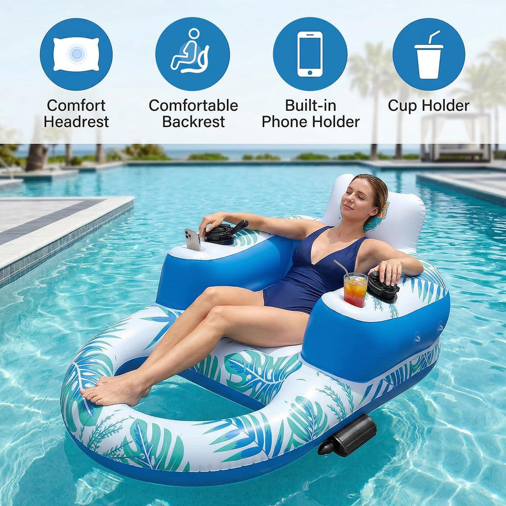 Rechargeable Motorized Pool Float Lounger with Canopy and Cup Holder L1208