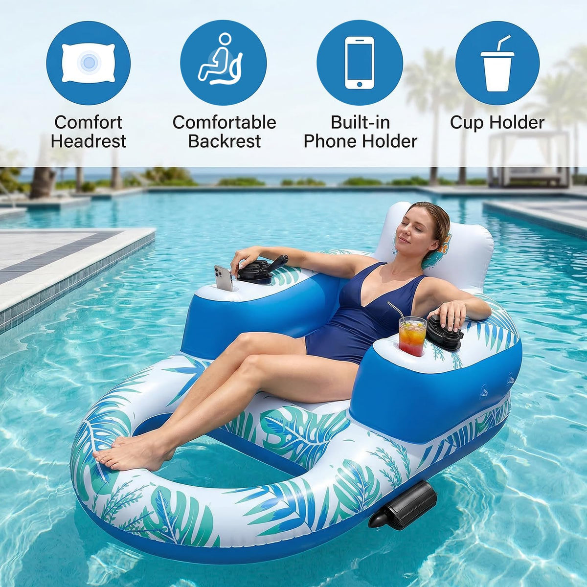 Rechargeable Motorized Pool Float Lounger with Canopy and Cup Holder L1208