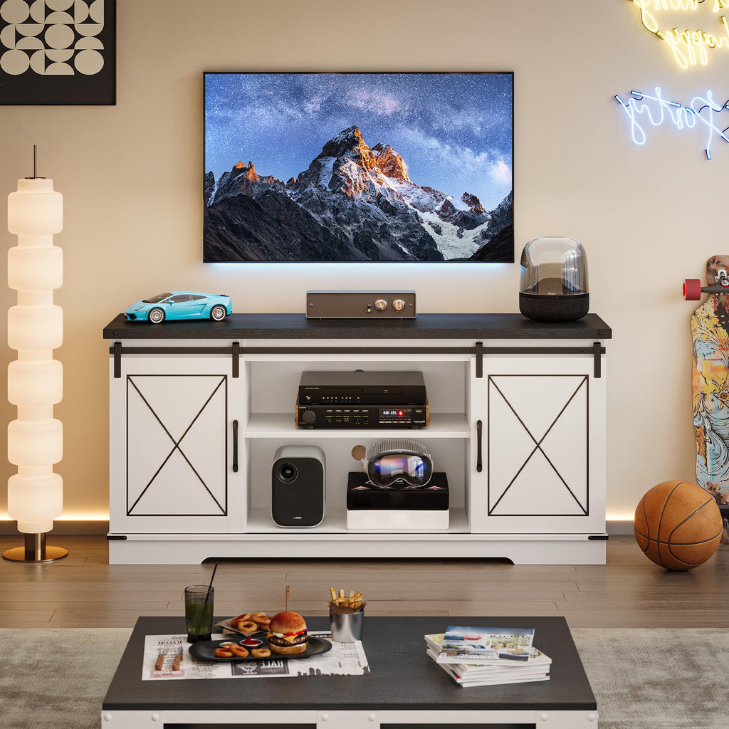 Farmhouse TV Stand with Sliding Barn Doors and Adjustable Shelves V3028