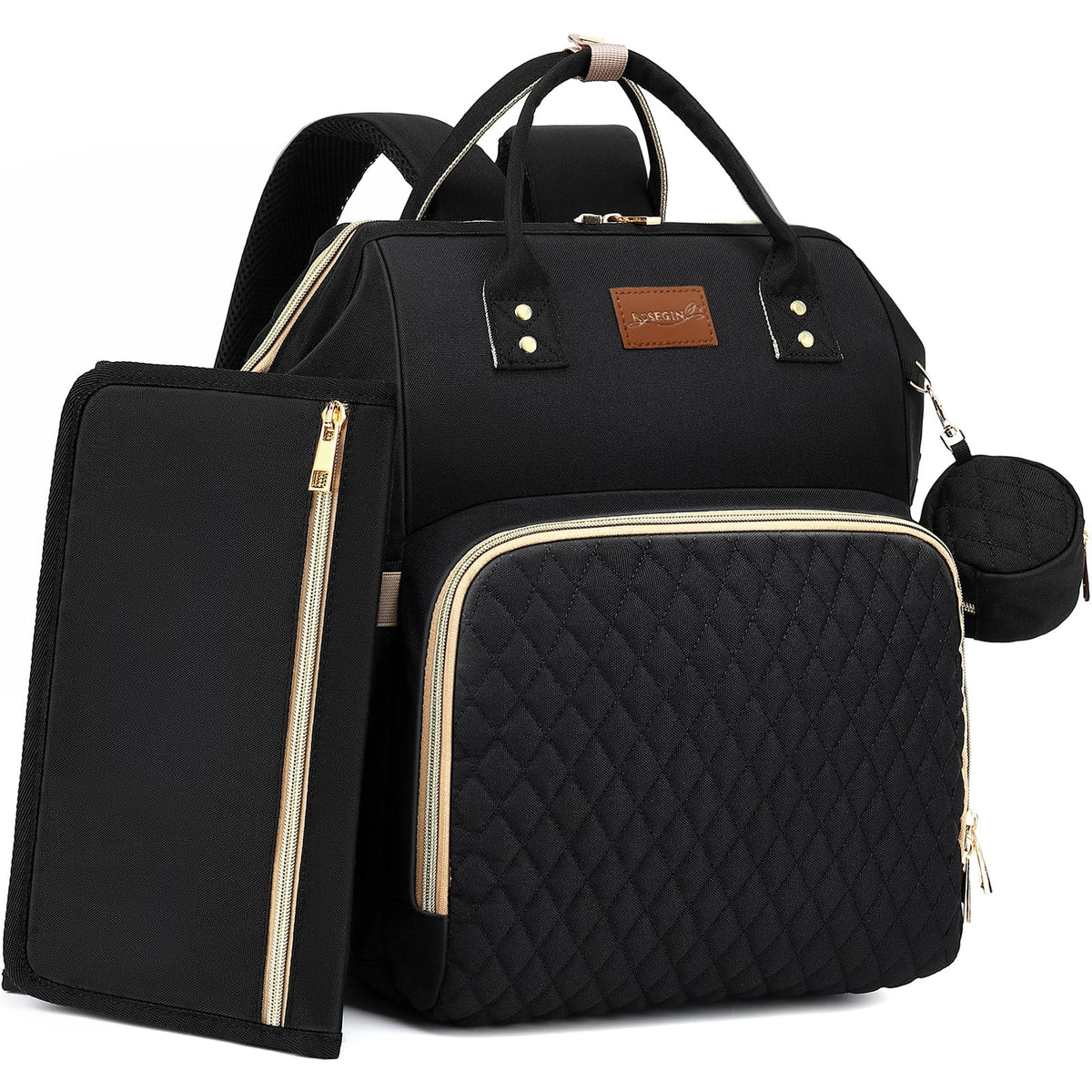 Black Waterproof Quilted Diaper Bag Backpack with Changing Pad A7253