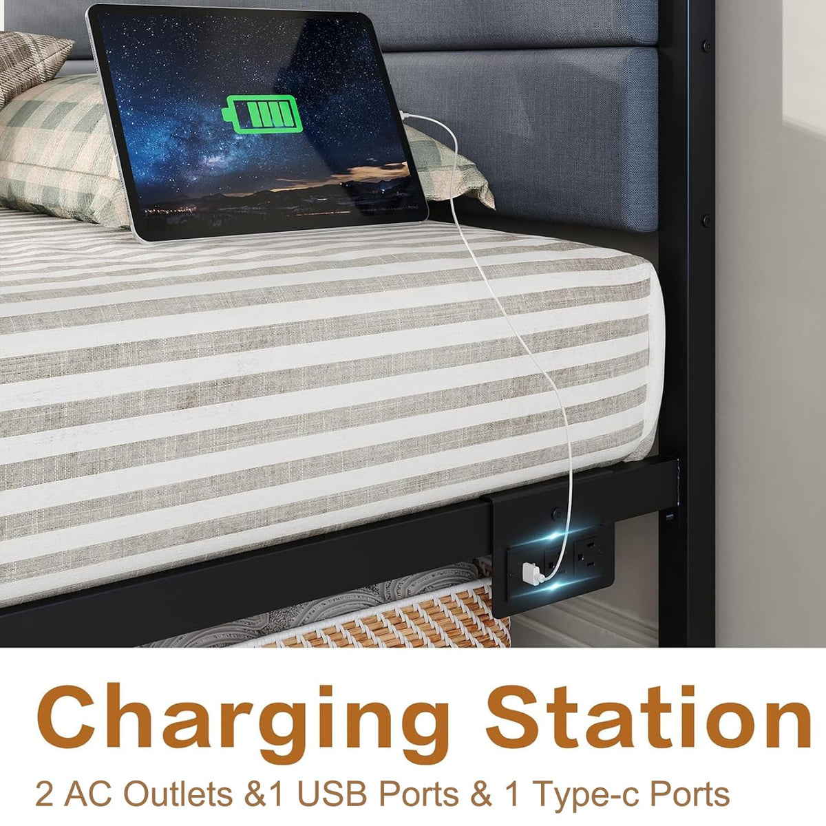 Twin Bed Frame with Charging Station, LED Lights, Grey Upholstered Headboard, Under Bed Storage E7655
