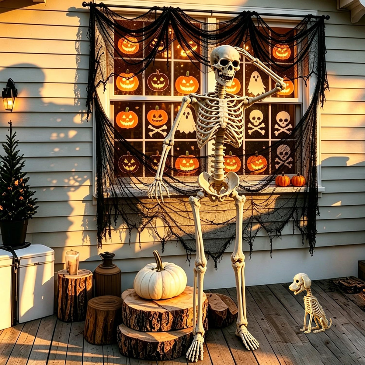 Life Size Posable Skeleton with Dog & Creepy Cloth W5147