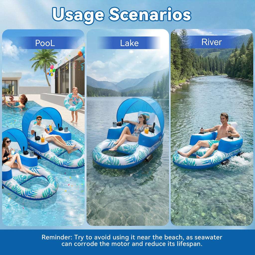 Rechargeable Motorized Pool Float Lounger with Canopy and Cup Holder L1208