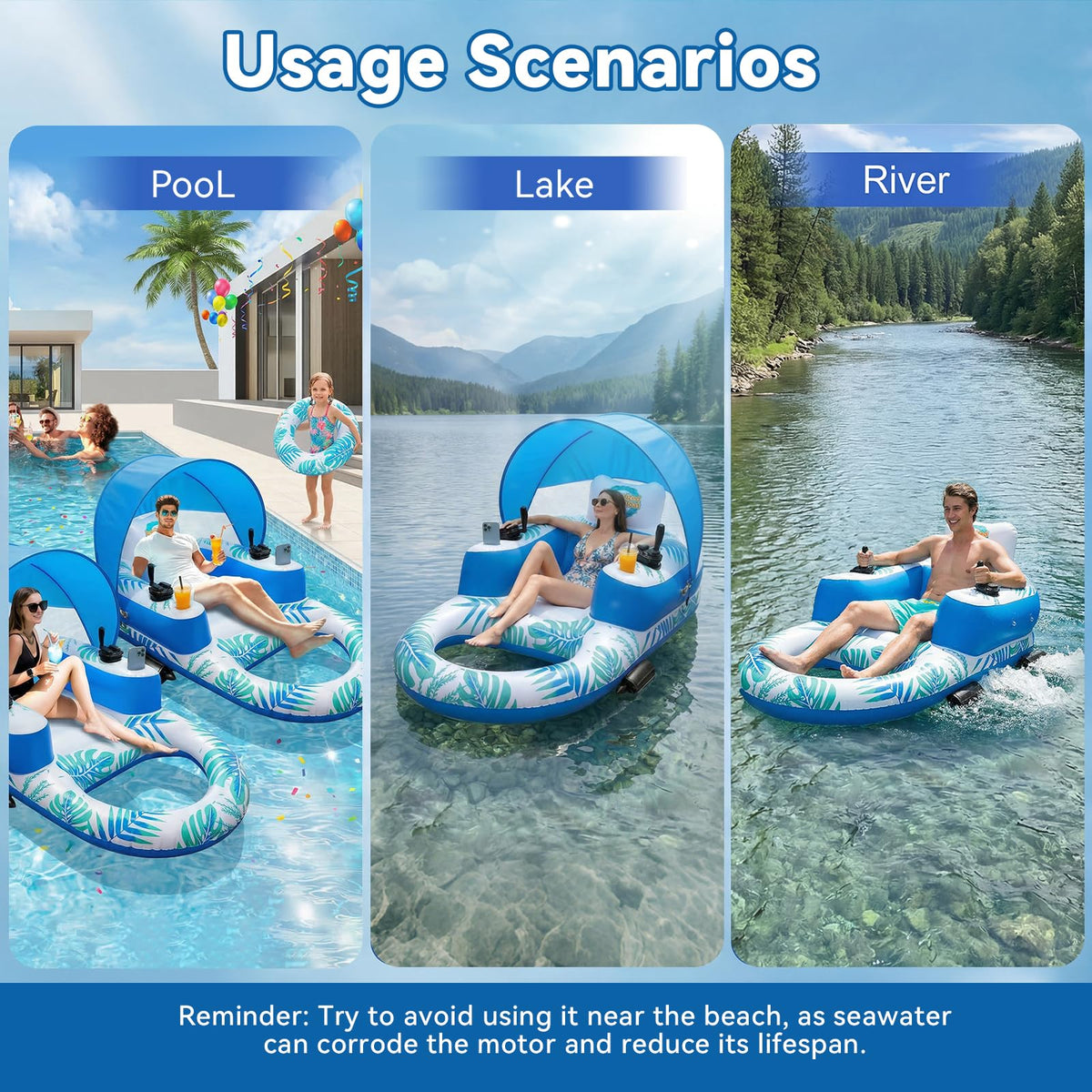 Rechargeable Motorized Pool Float Lounger with Canopy and Cup Holder L1208