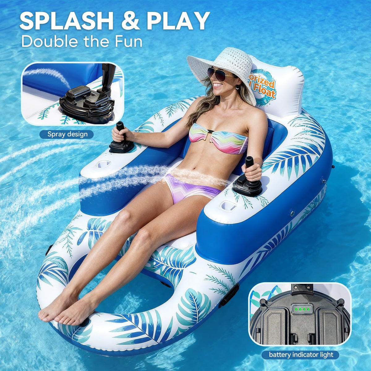 Rechargeable Motorized Pool Float Lounger with Canopy and Cup Holder L1208