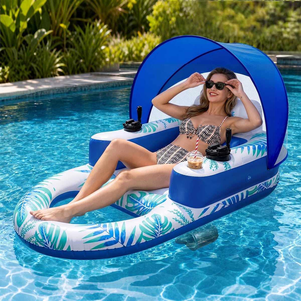 Rechargeable Motorized Pool Float Lounger with Canopy and Cup Holder L1208