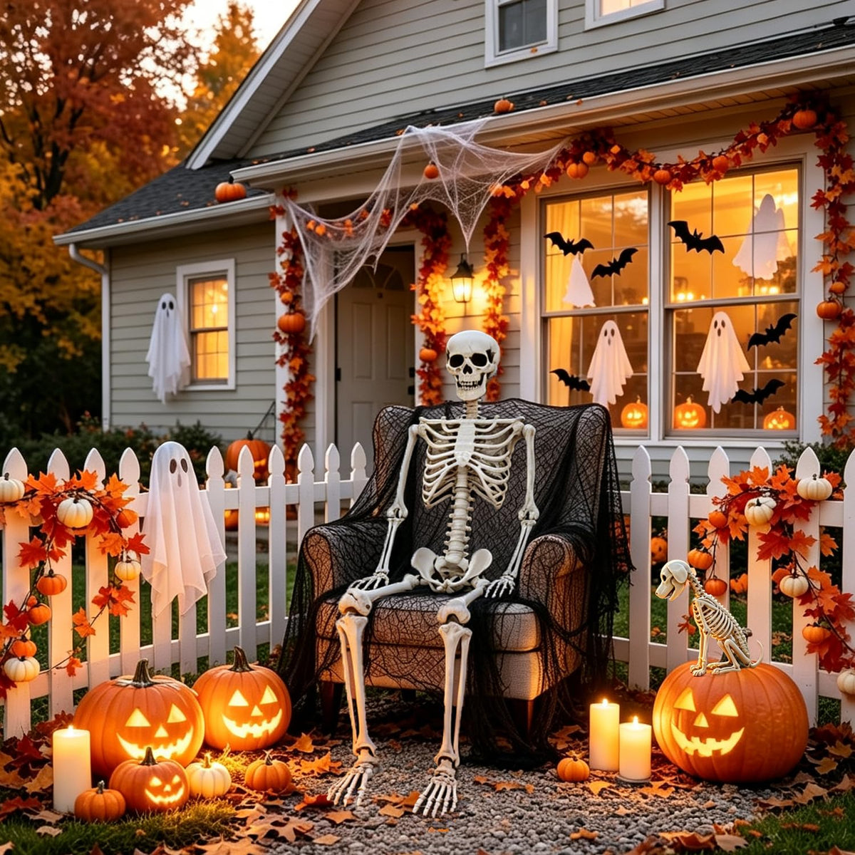 Life Size Posable Skeleton with Dog & Creepy Cloth W5147