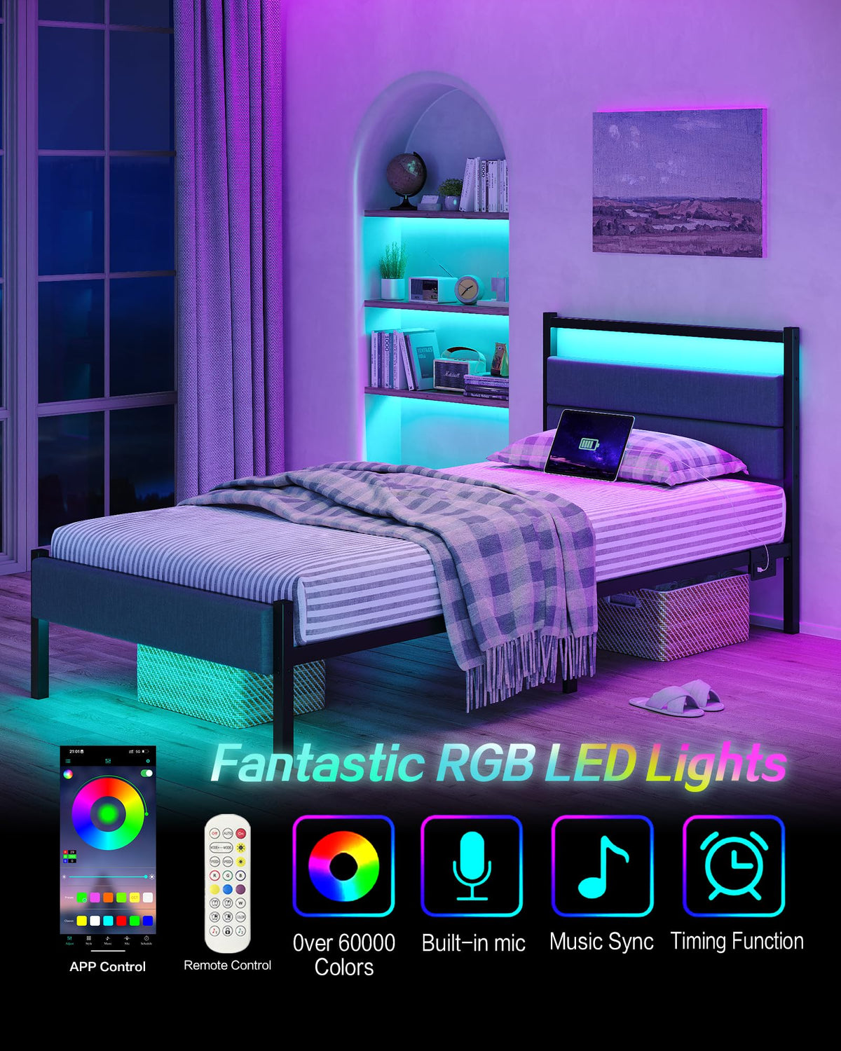 Twin Bed Frame with Charging Station, LED Lights, Grey Upholstered Headboard, Under Bed Storage E7655