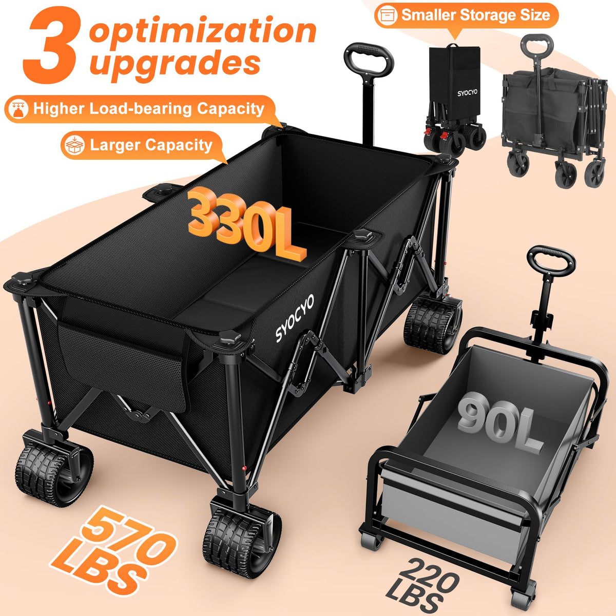 Foldable Collapsible Wagon with All-Terrain Wheels and Cup Holders, Black U203