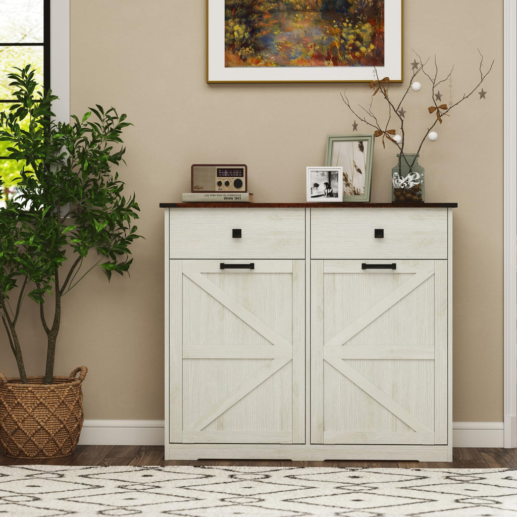 White 20 Gallon Wooden Tilt Out Trash Cabinet L95804