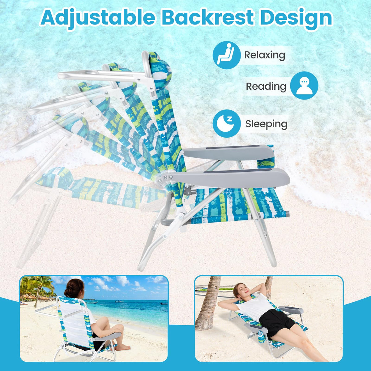 2Pcs Folding Camping Chair with Adjustable Backrest, Cup Holder & Headrest, Green J3327