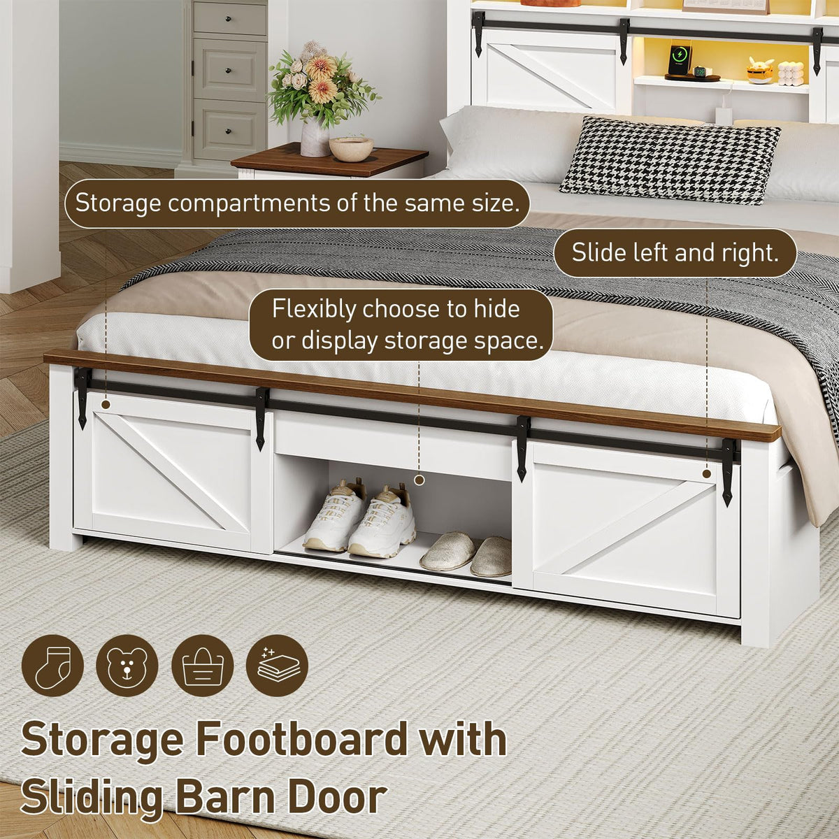 White and Walnut Full Size Storage Bed Frame X8005