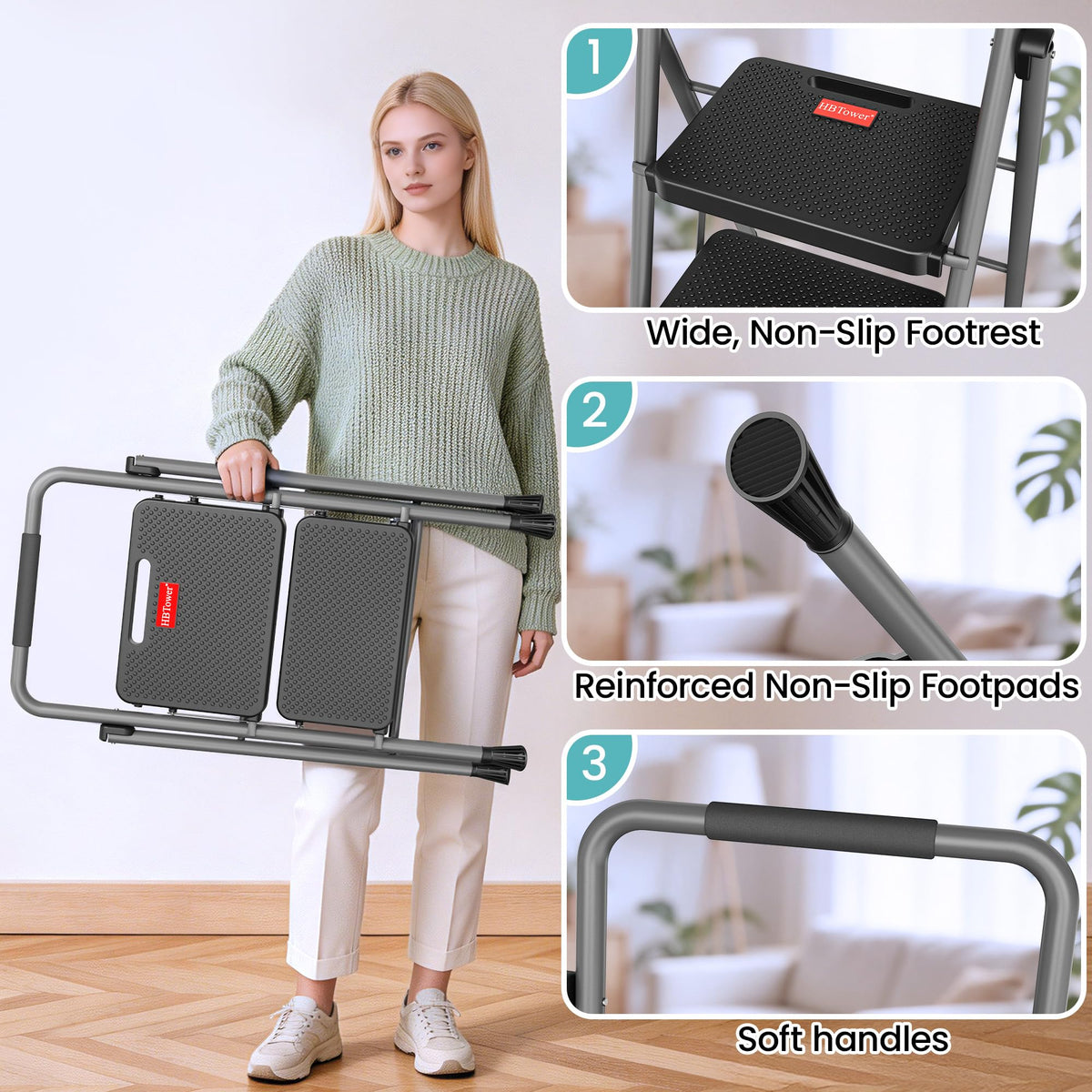 2 Step Folding Step Ladder 300 lbs Capacity with Handrail Gray X728073