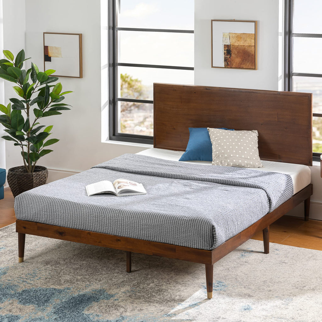 King Brown Wood Platform Bed Frame with Adjustable Headboard C800928
