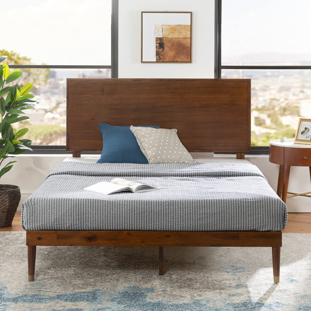 King Brown Wood Platform Bed Frame with Adjustable Headboard C800928