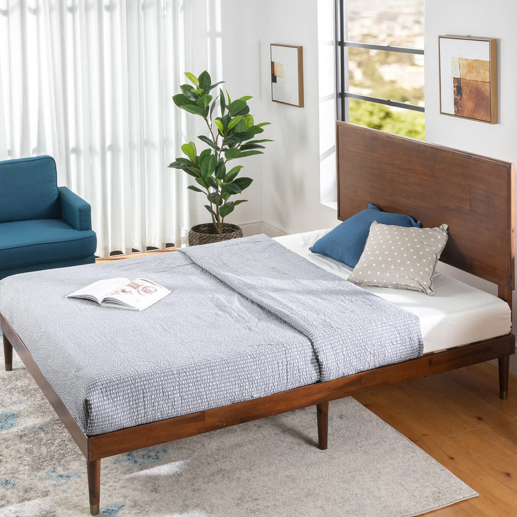 King Brown Wood Platform Bed Frame with Adjustable Headboard C800928