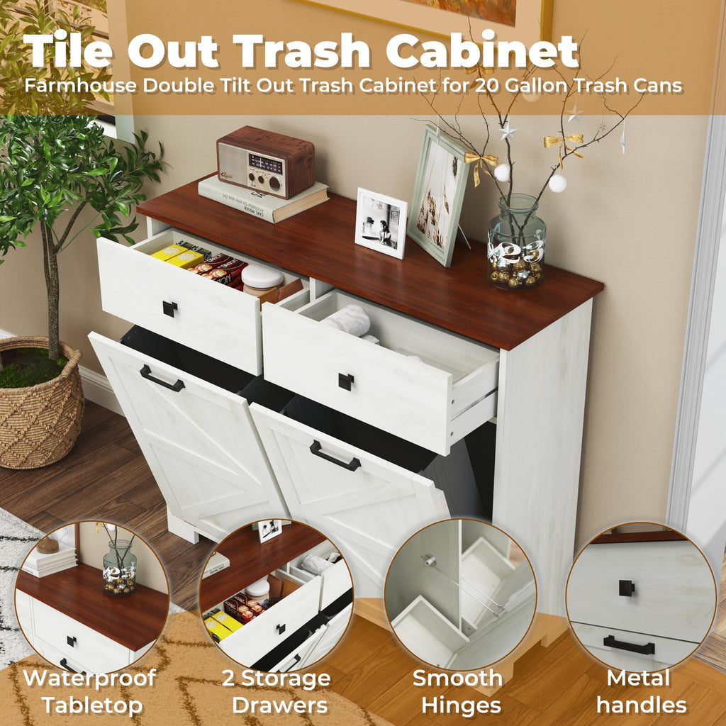 White 20 Gallon Wooden Tilt Out Trash Cabinet L95804