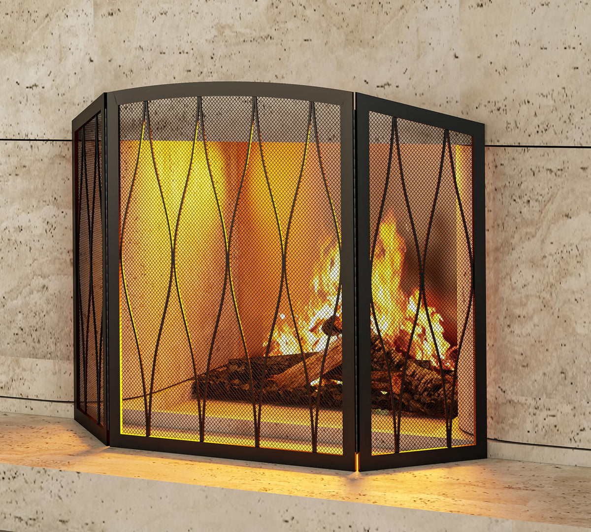 Childproof 3-Panel Wrought Iron Fireplace Screen D744