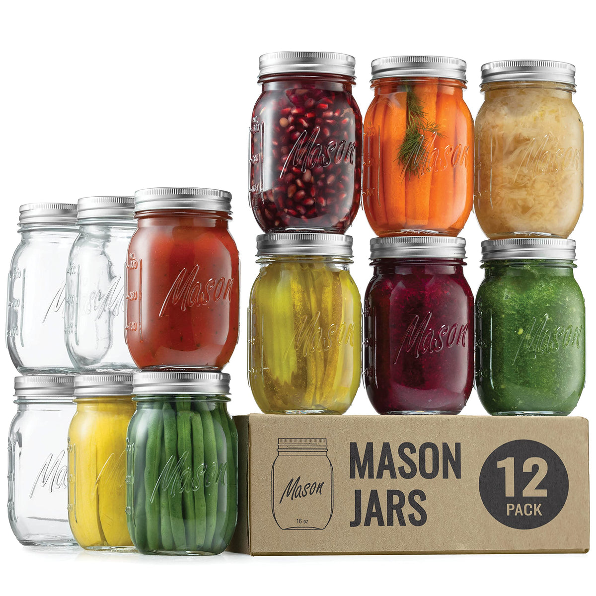 16 oz 12-Pack Regular Mouth Glass Jars with Lid & Seal Bands P769714