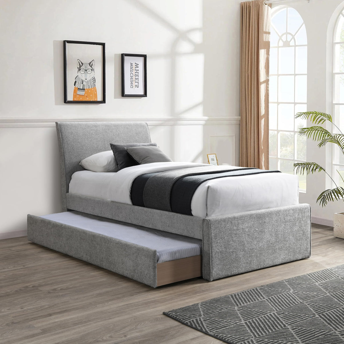 Grey Chenille Twin Trundle Bed R94928