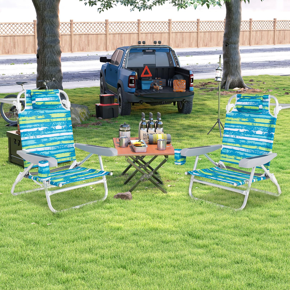 2Pcs Folding Camping Chair with Adjustable Backrest, Cup Holder & Headrest, Green J3327