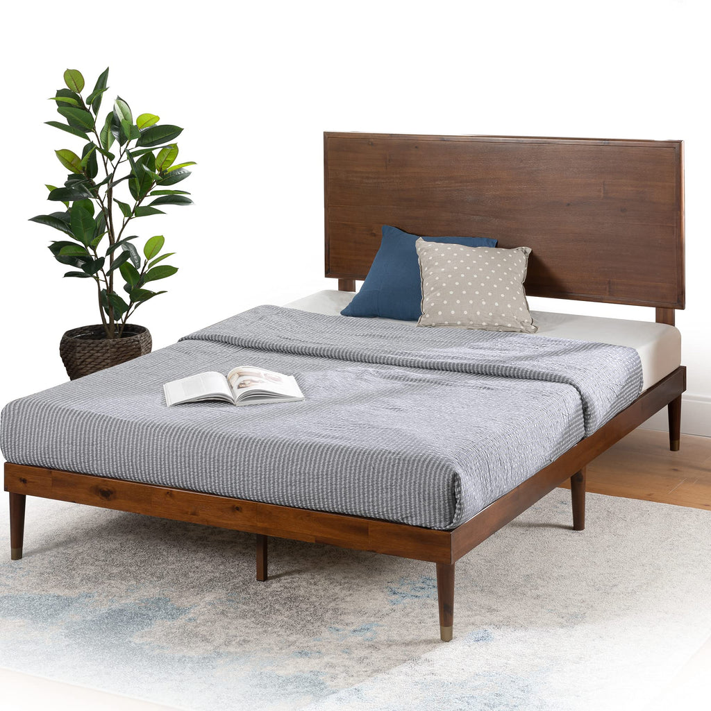 King Brown Wood Platform Bed Frame with Adjustable Headboard C800928