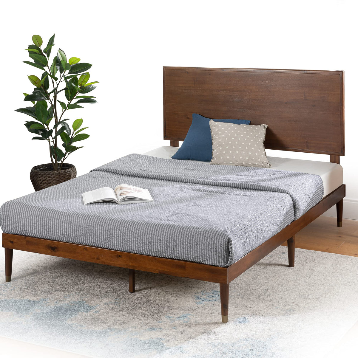 King Brown Wood Platform Bed Frame with Adjustable Headboard C800928