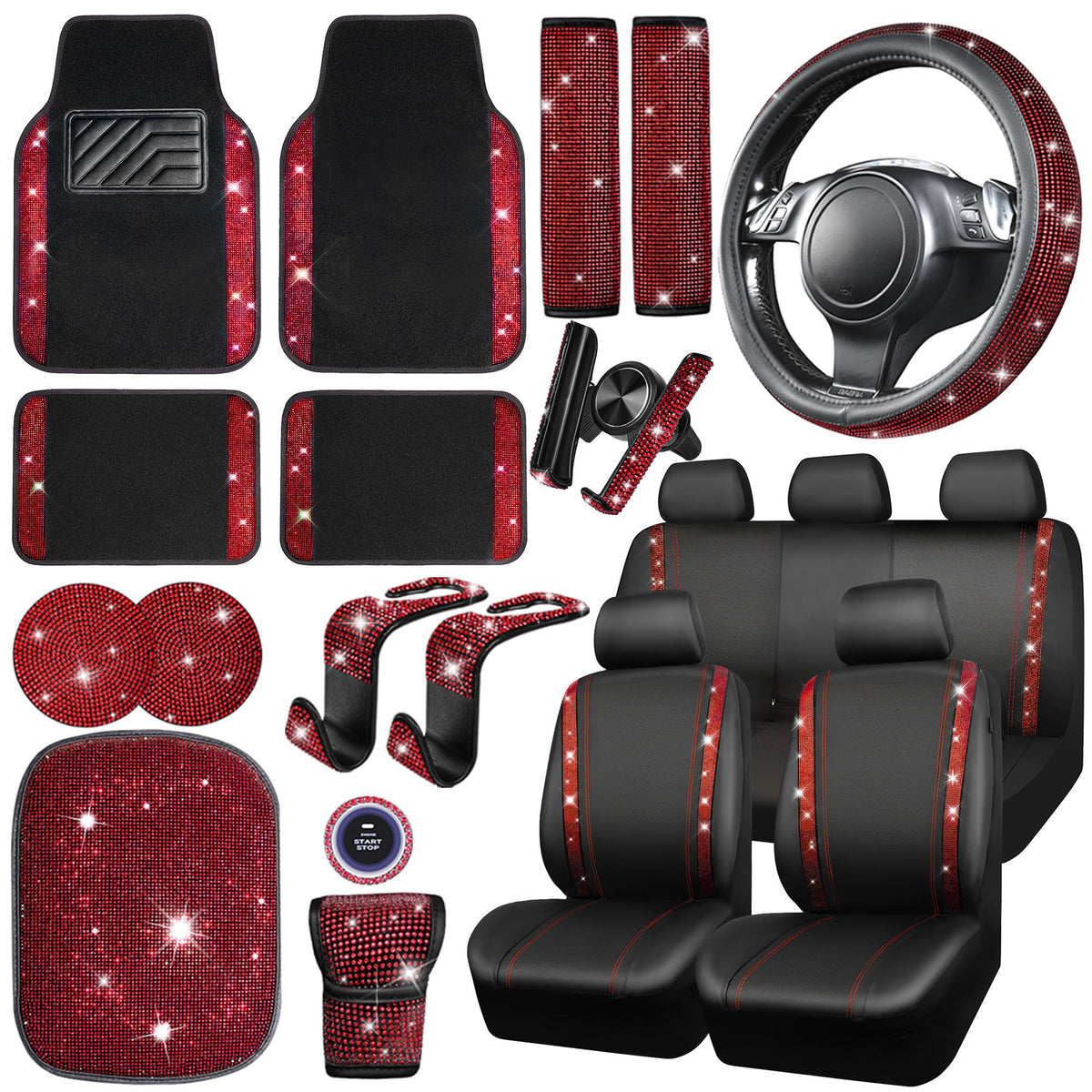 23 Pcs Bling Diamond Car Accessories Set Red V5917