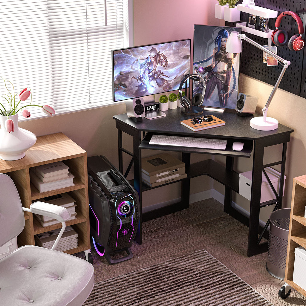 Black Corner Computer Desk with Keyboard Tray D9438