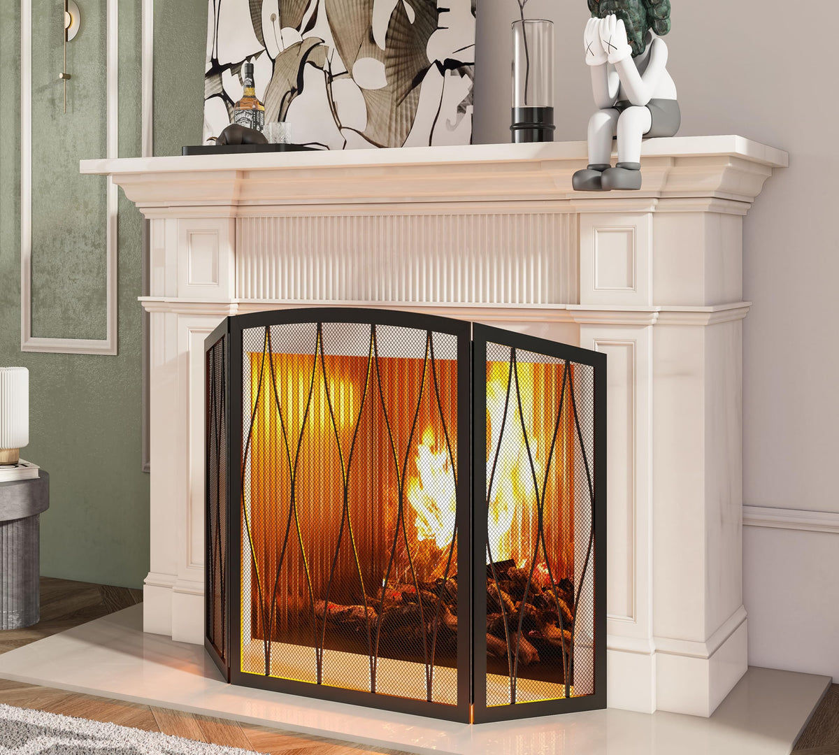 Childproof 3-Panel Wrought Iron Fireplace Screen D744