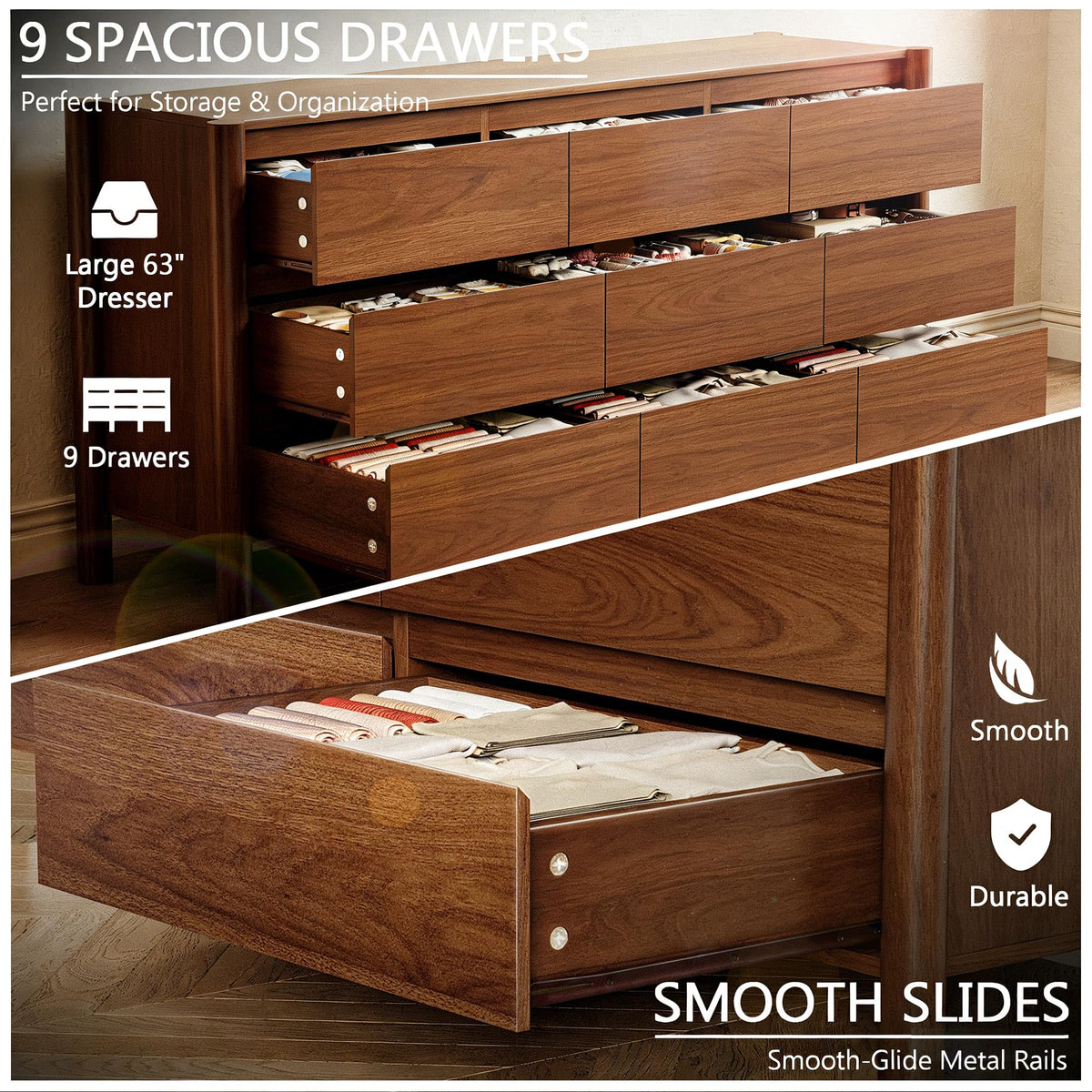 Walnut 9 Drawer Dresser D4913